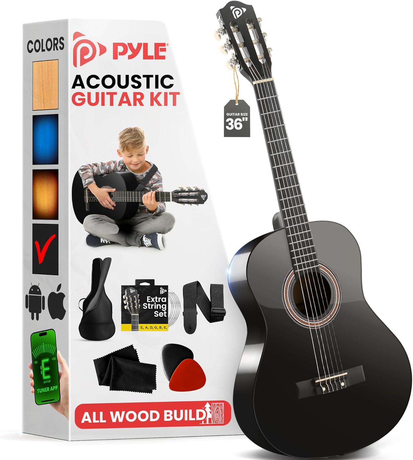 Pyle 3/4 Junior Acoustic Guitar Kit for Kids & Adults - Black Gloss