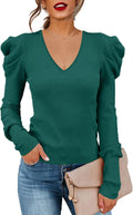 Puff Long Sleeve Knit Pullover Sweater - Slim Soft V Neck