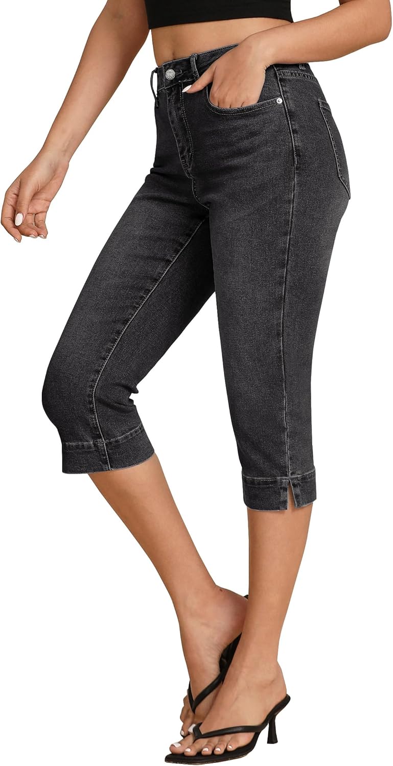 Trendy High Waisted Slim Split Hem Capri Jeans for Women