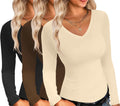 Ekouaer Womens V Neck Long Sleeve Slim Fit Tops - Lightweight Thermal