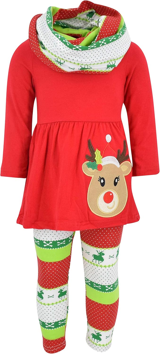 Unique Baby Girls Christmas 3pc Outfit Set with Scarf and Leggings
