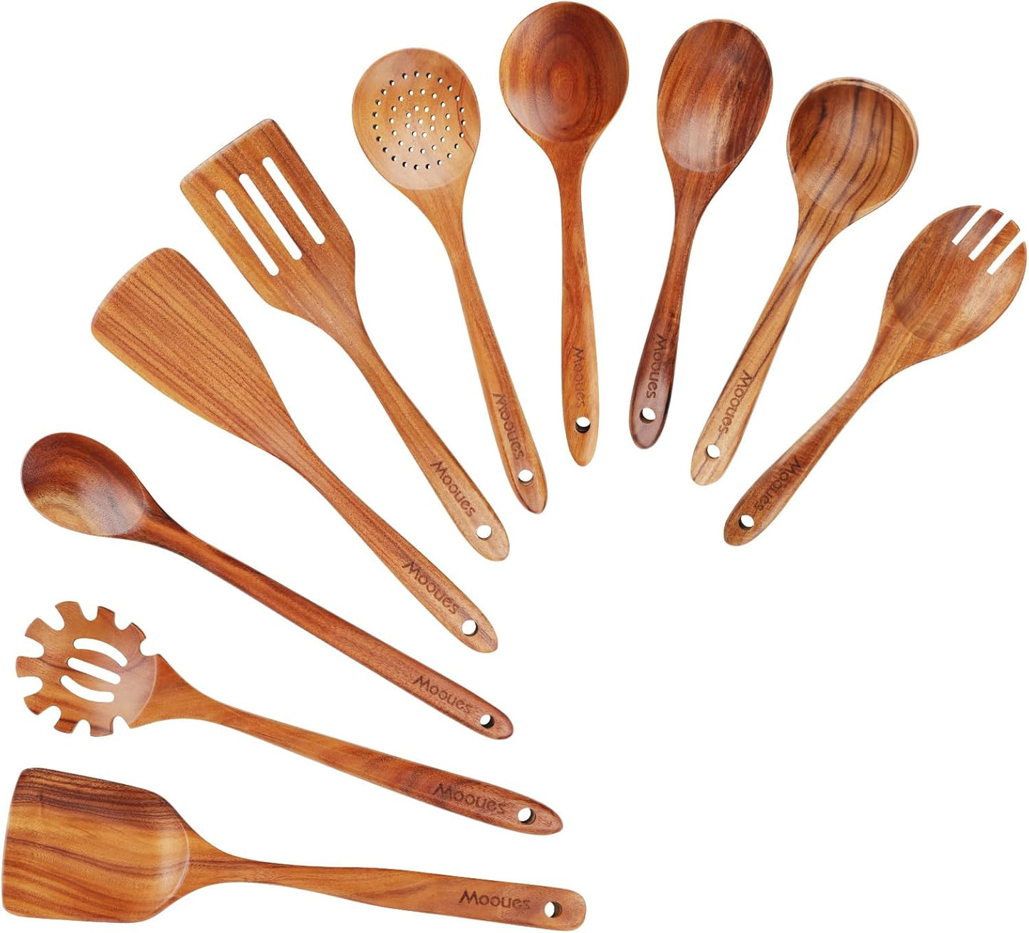 Natural Teak Wooden Spoons Set for Cooking - 10 PCS Utensils