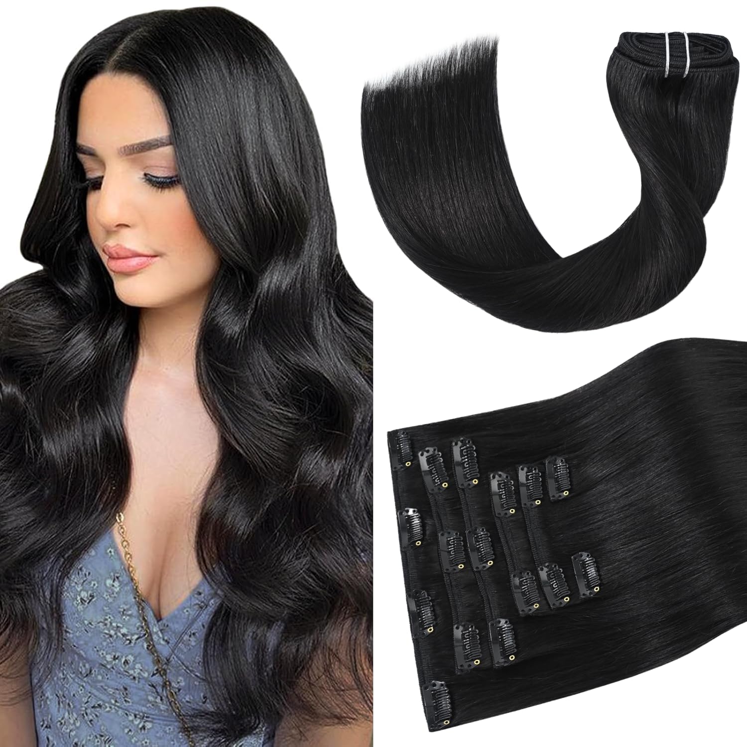 Aison Natural Black Clip In Human Hair Extensions 18 Inch