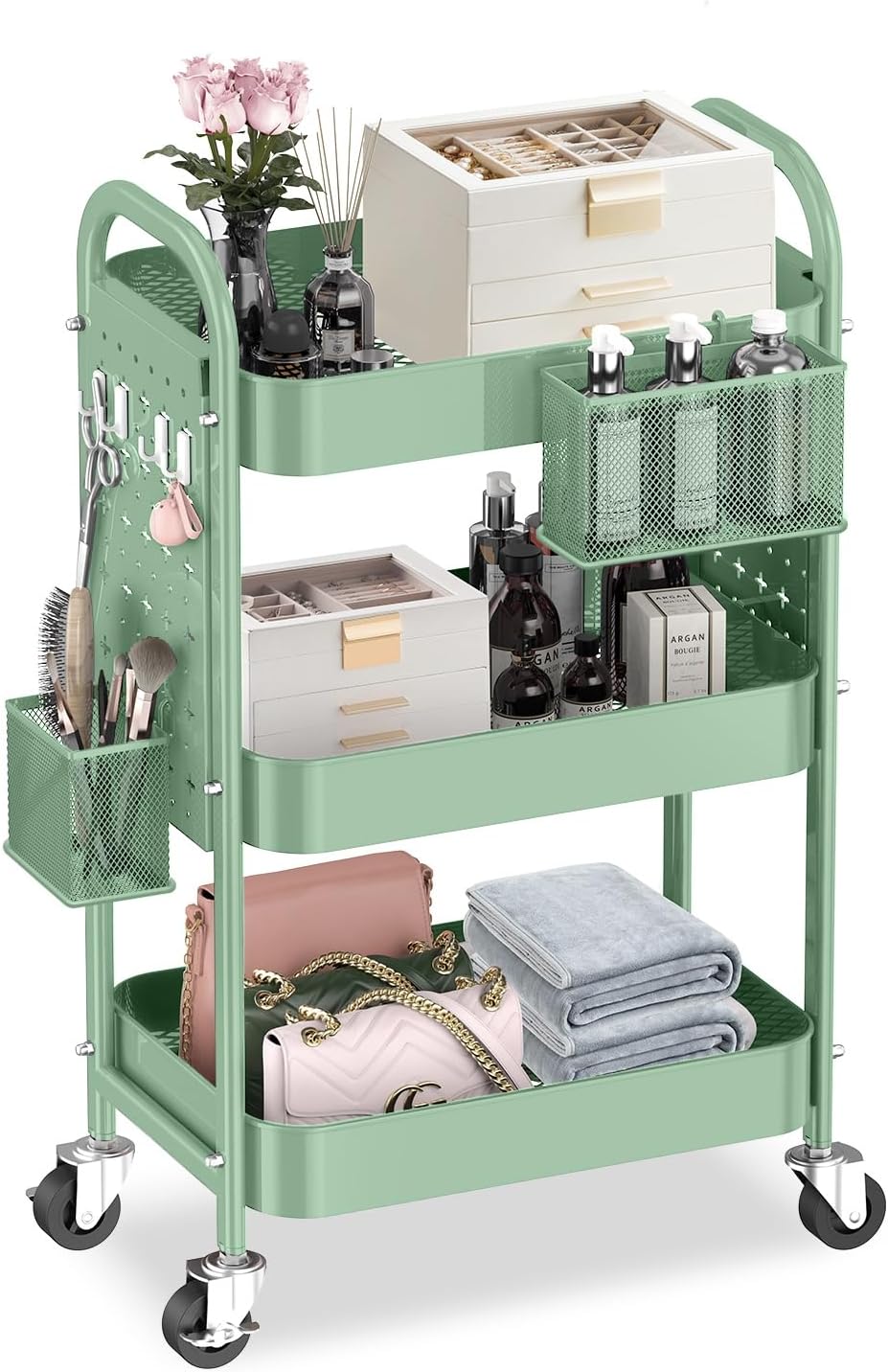 3 Tier Rolling Cart with DIY Pegboards for Versatile Storage