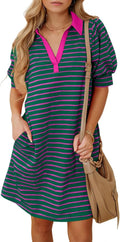 BLENCOT Women's Striped Polo V Neck Midi Dress - Comfortable Everyday