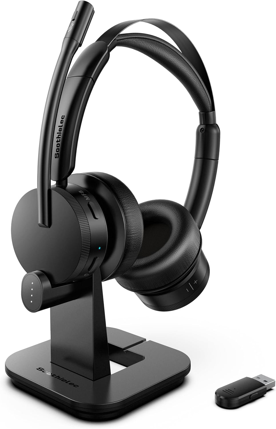 V5.2 Bluetooth Headset: Noise Canceling Mic, Volume Control, Charging Base - Soothielec