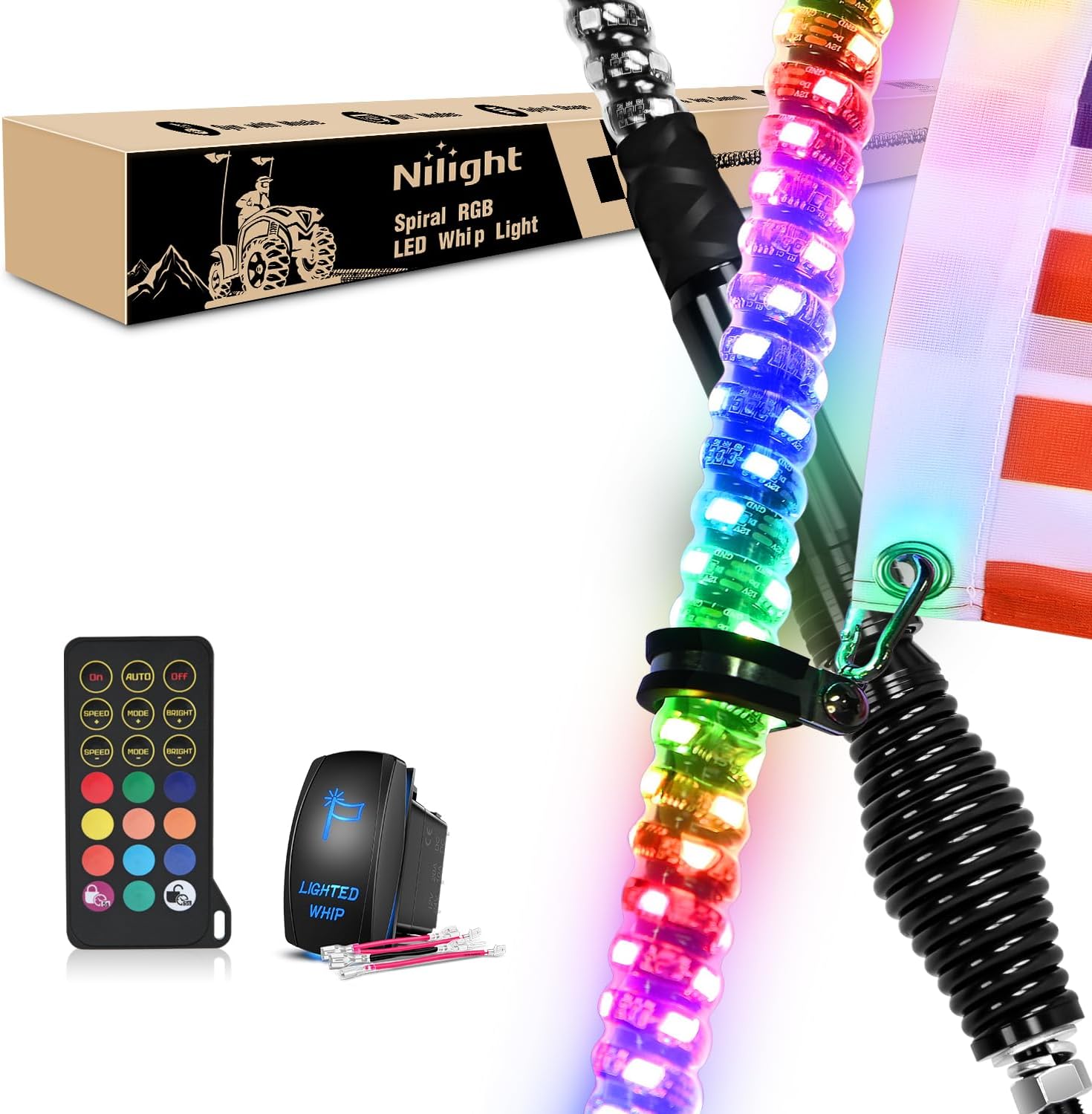 Nilight TL-27 4FT Spiral RGB Led Whip Light for Offroad Fun