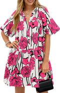 Wenrine Women's Summer Button Down Shirt Dress Floral Puff Sleeve is
