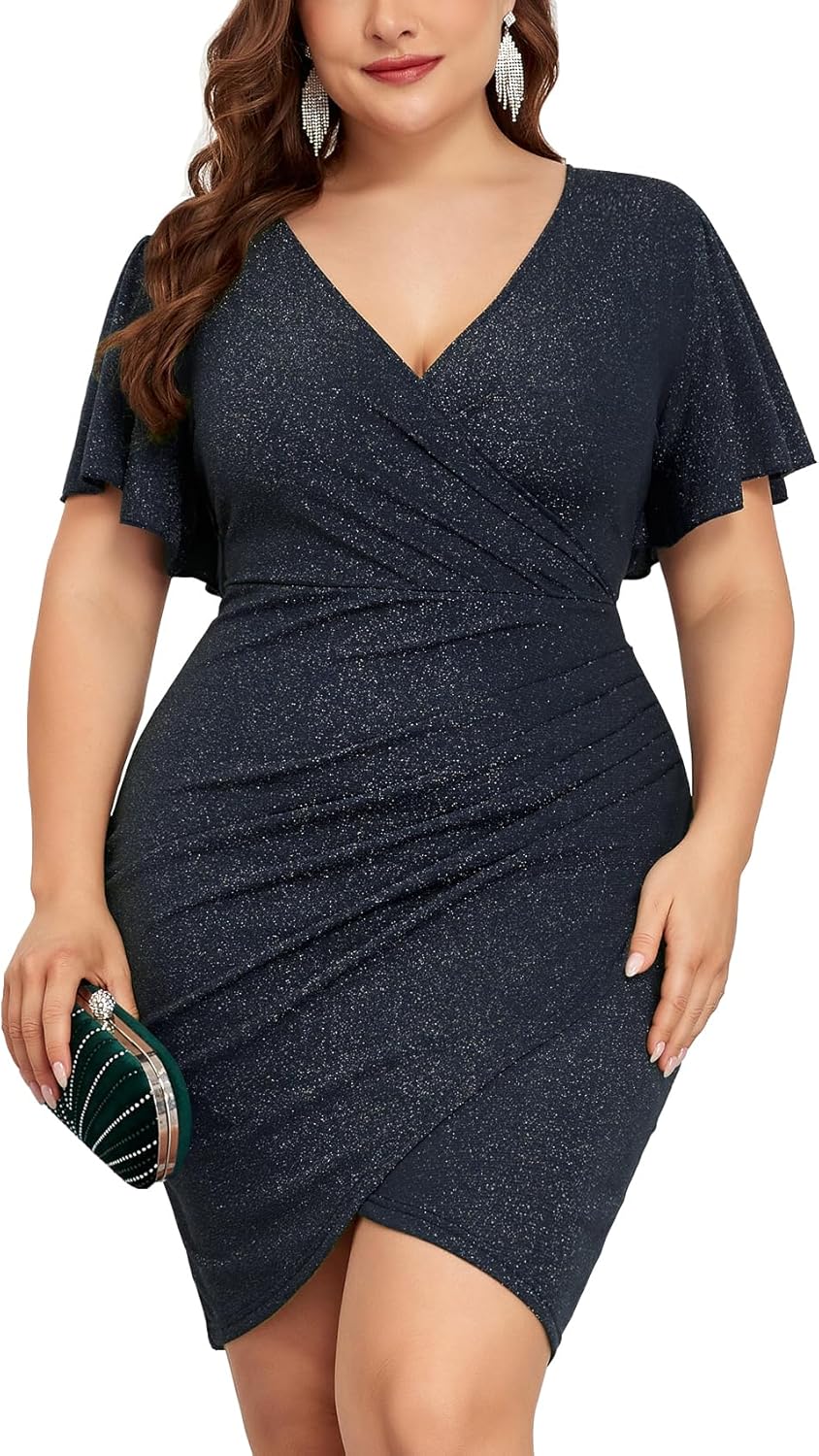 Plus Size Sparkly Glitter Ruched Bodycon Mini Dress for Parties
