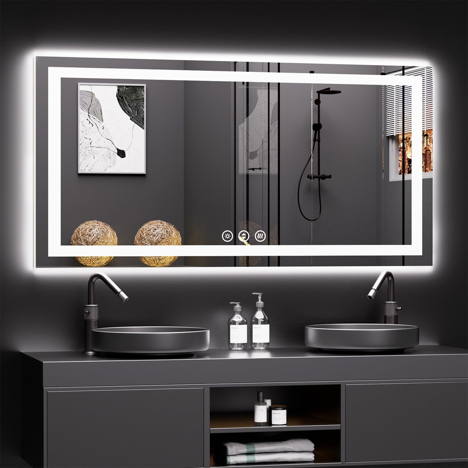 60X30 LED Bathroom Mirror with Lights - Anti-Fog & Dimmable