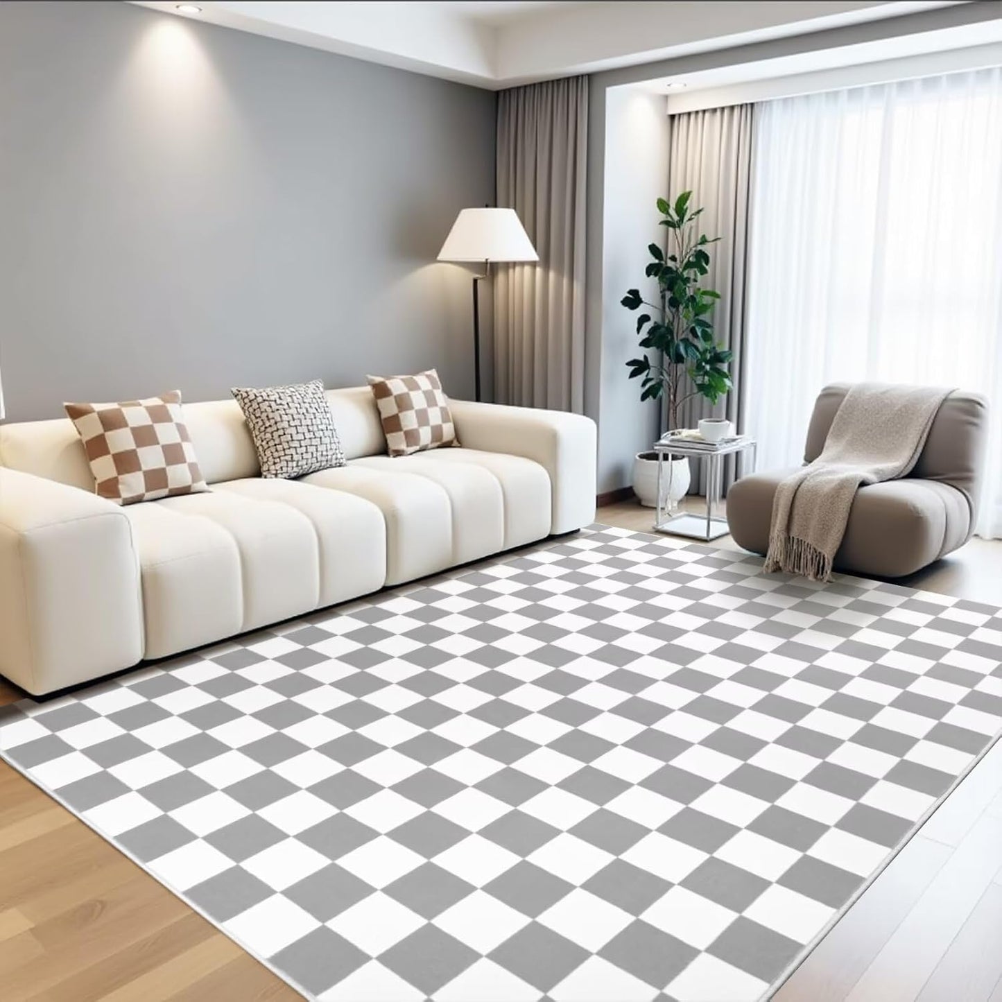 Terrug Grey and White Checkered Rug for Living Room and Bedroom