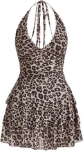 Women's Y2K Leopard Print Halter Dress - Sexy Ruched Tie Back Mini