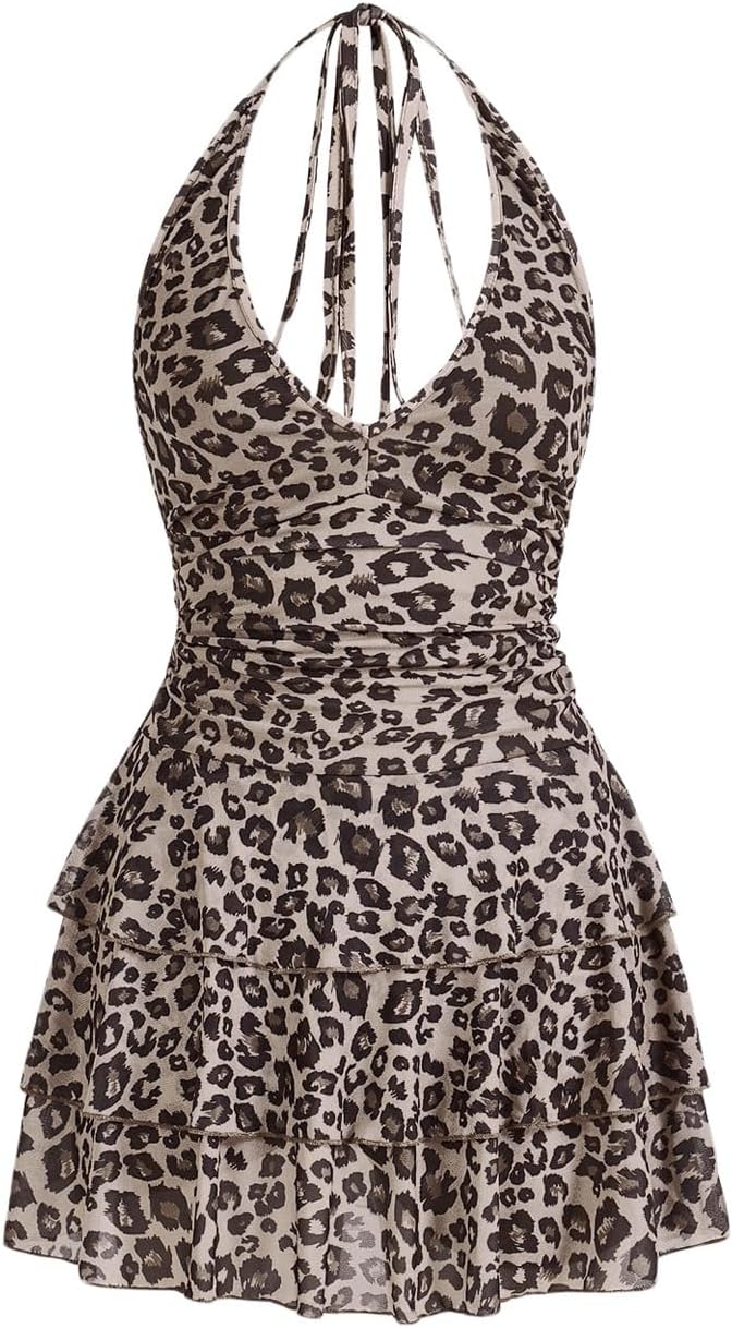 Women's Y2K Leopard Print Halter Dress for Stylish Occasions