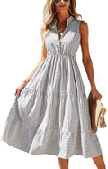 Womens Sleeveless Striped V Neck Midi Dress - Breathable Summer Fit