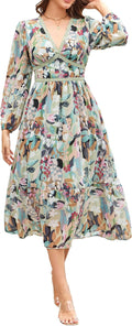 Women's Spring Wrap Maxi Dress Floral V Neck Long Sleeve - Flowy mind