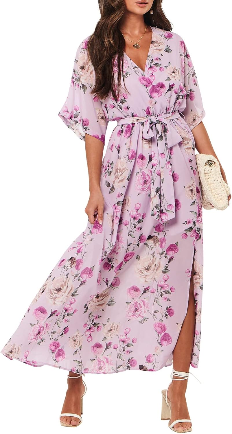Womens Summer Loose Boho Flowy Wrap V Neck Maxi Dress Review