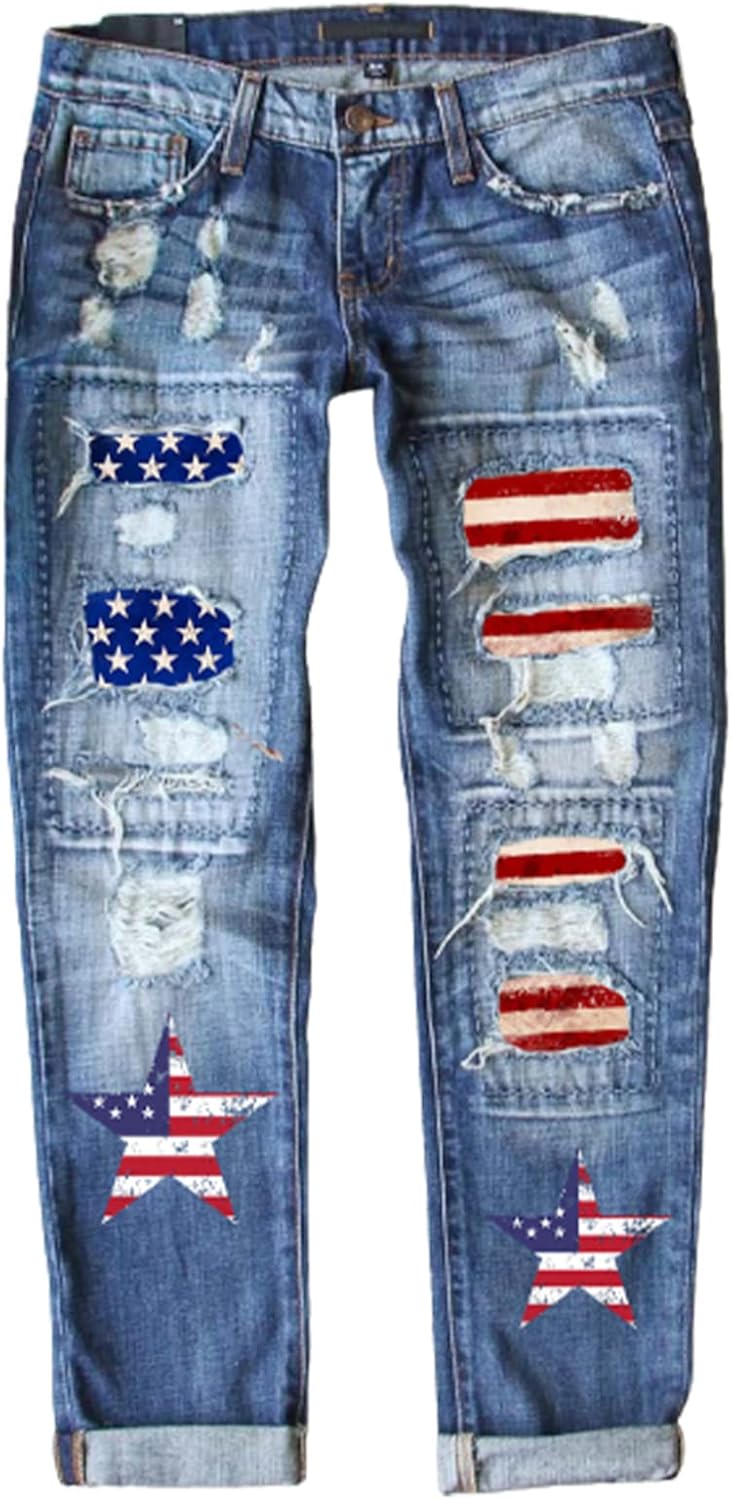 Astylish Womens Plaid Patch Ripped Boyfriend Distressed Jeans