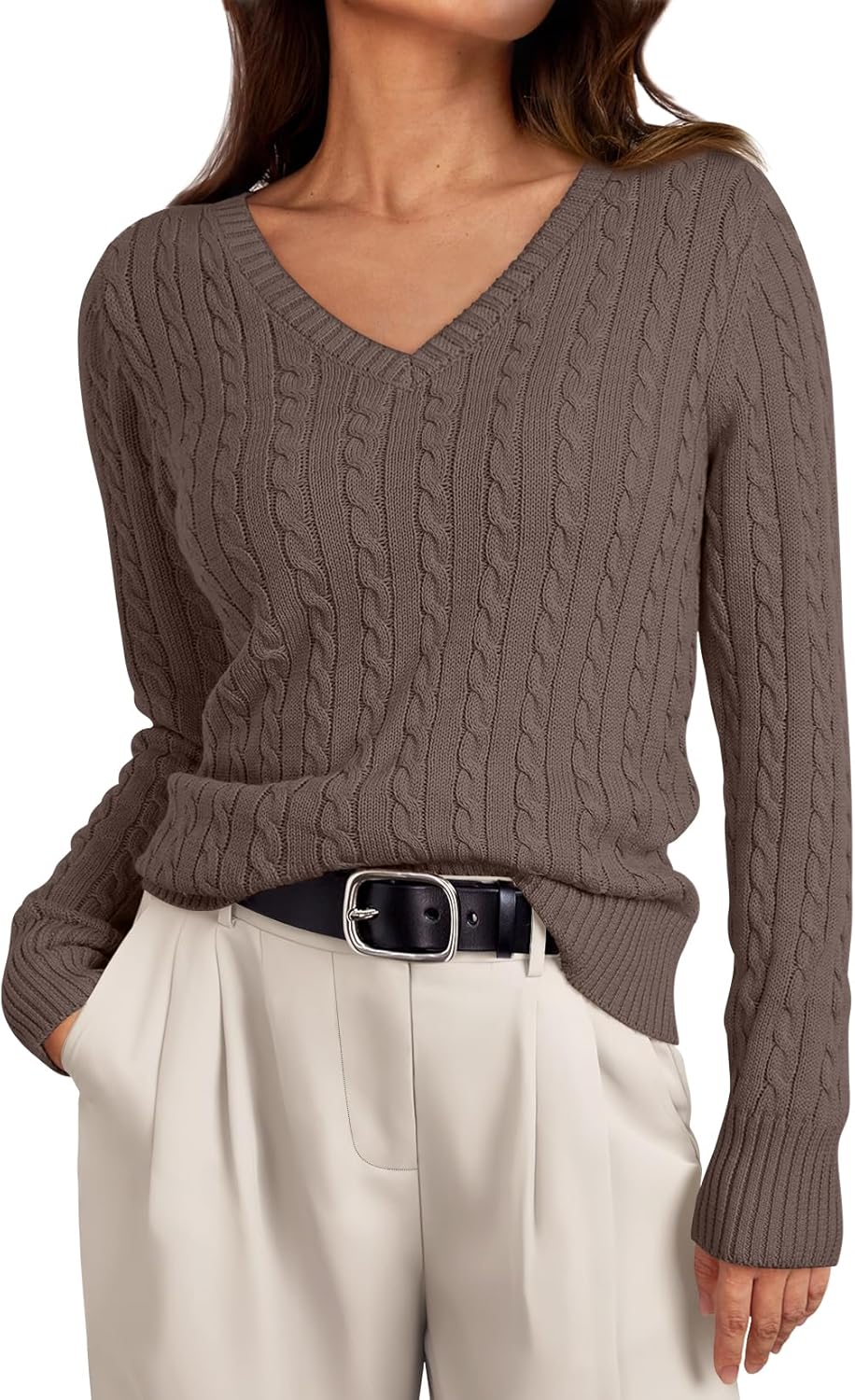 LILLUSORY Women's Cable Knit V Neck Lightweight Soft Sweater