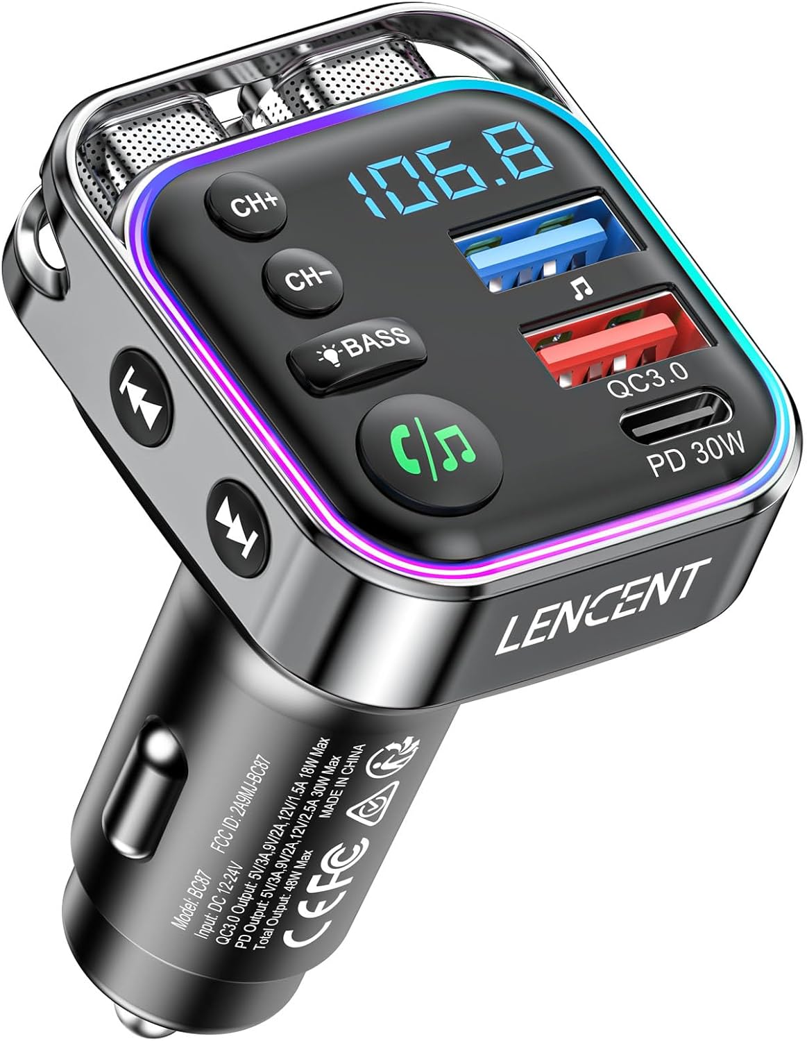 LENCENT Bluetooth FM Transmitter: Fast Charging & HiFi Sound