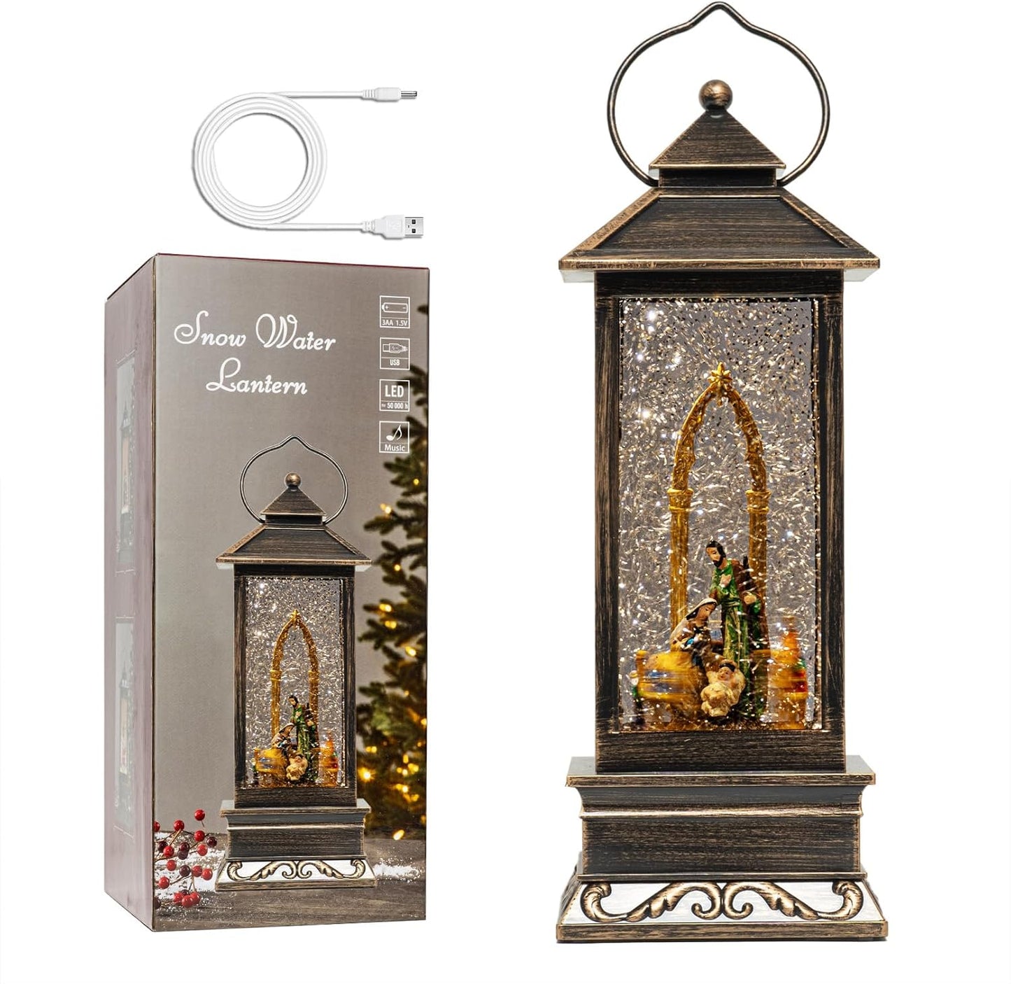 12in Christmas Snow Globe Lantern with Nativity - Vintage Decor