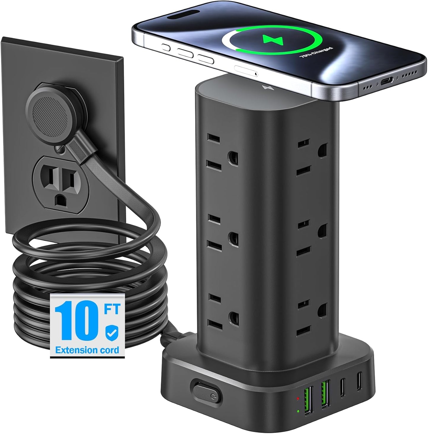 Tower Power Strip with 15W Wireless Charger and 12 Outlets