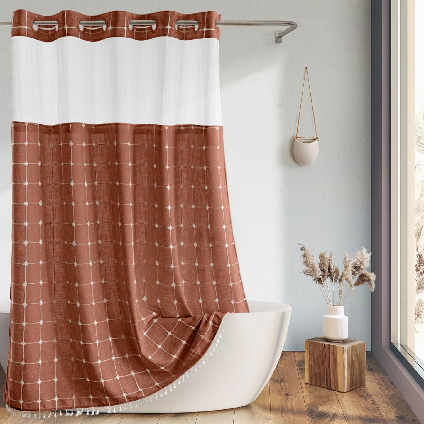 Farmhouse Shower Curtain with Snap-in Liner for Rustic Decor