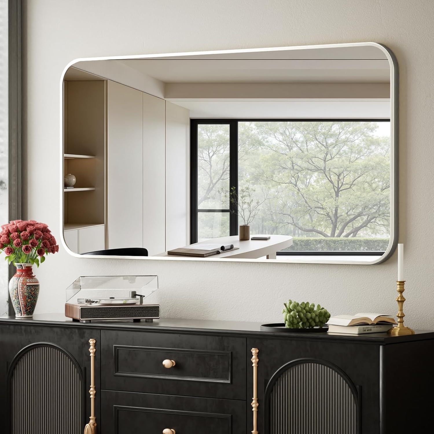BEAUTYPEAK Wall Mounted Bathroom Mirror - 26in x 38in Silver