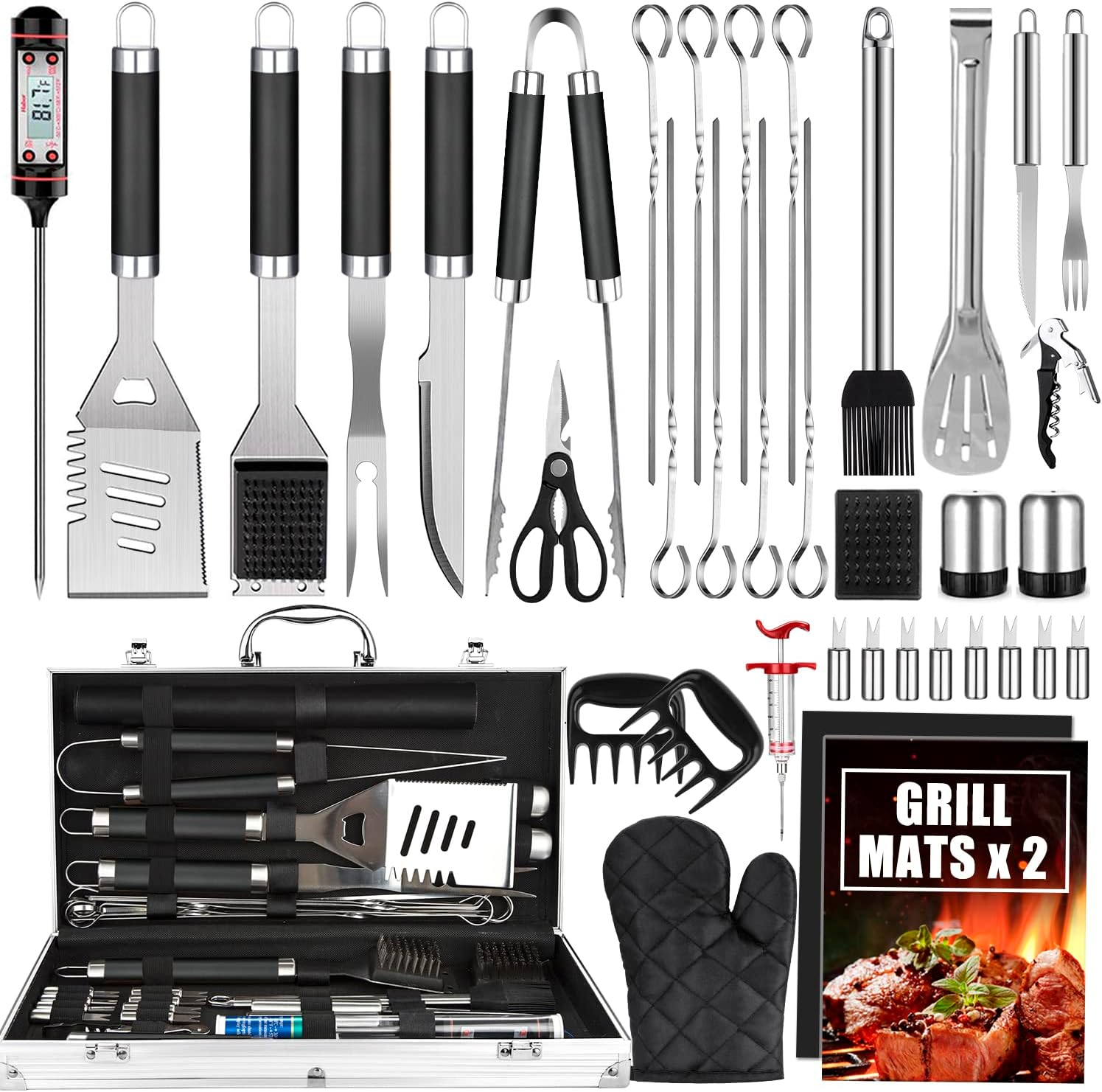 38Pcs Stainless Steel BBQ Set w/ Thermometer & Mats - Ultimate Grilling Kit