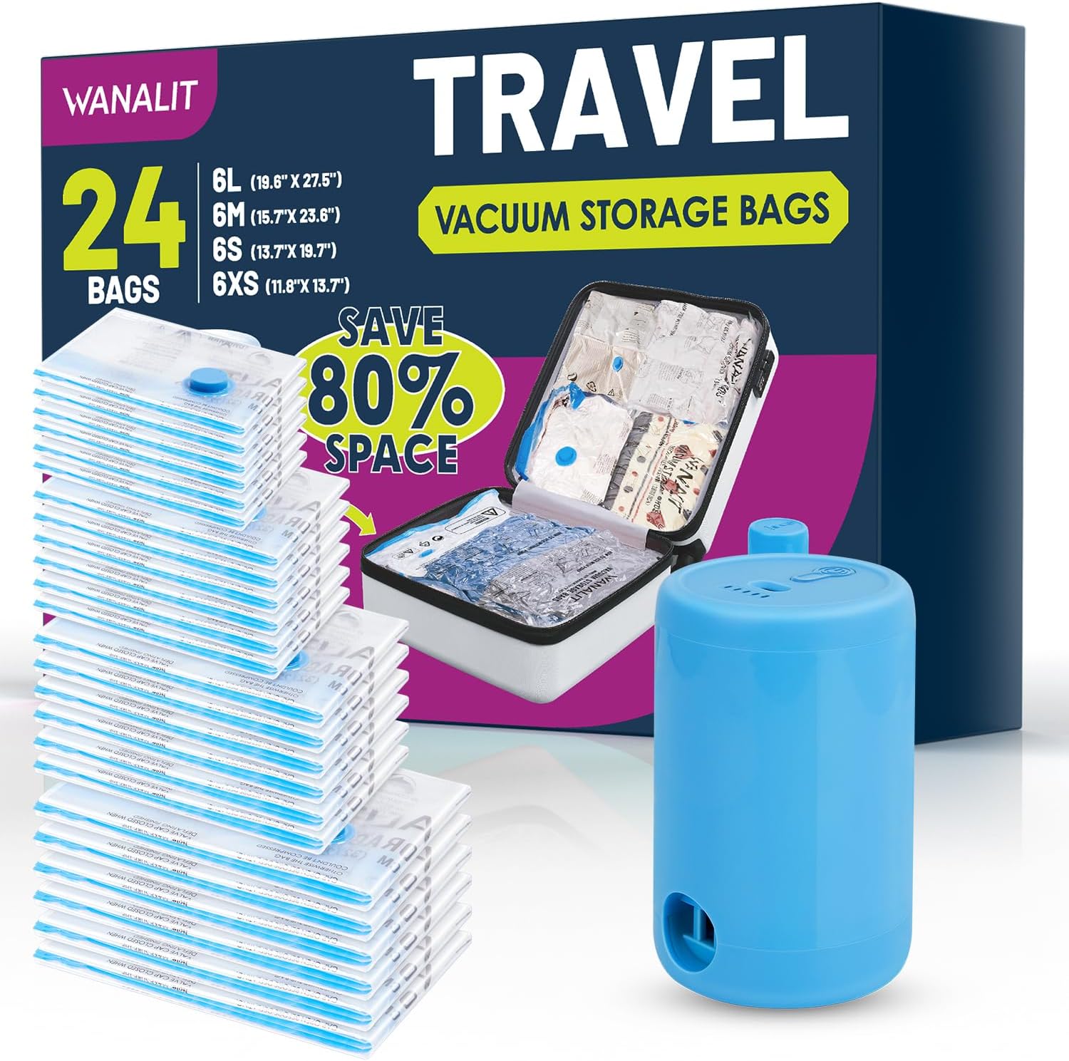 Vacuum Storage Bags for Travel with Electric Pump - 24 Pack