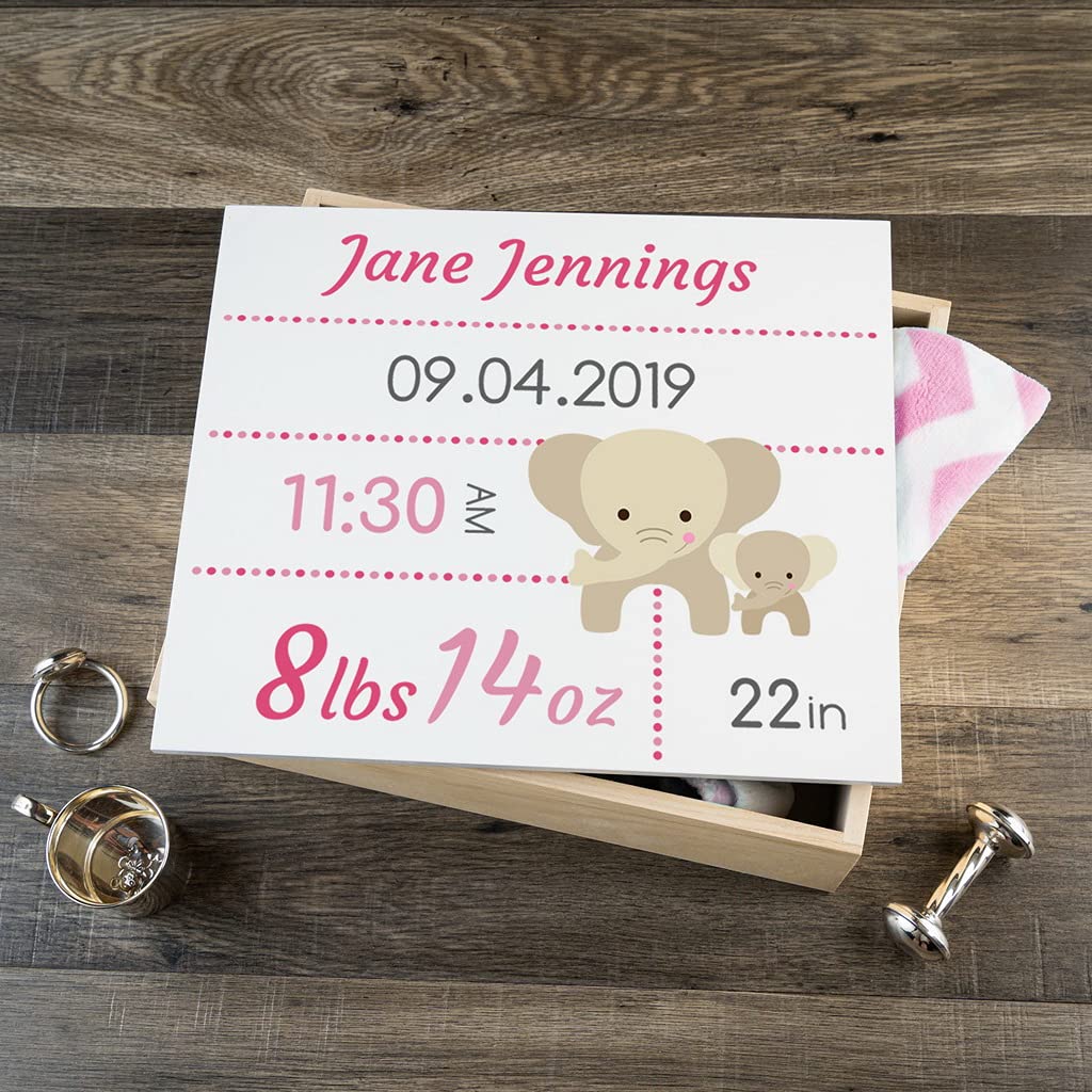 Personalized Baby Keepsake Box with Pink Elephants Design
