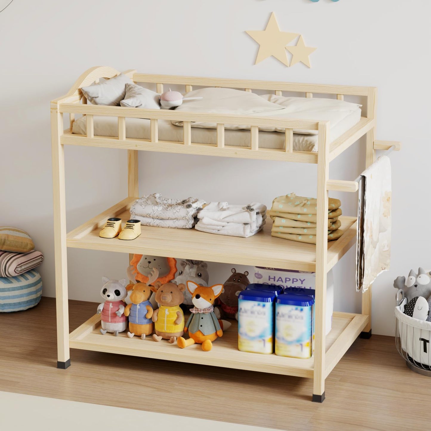 Infant Changing Table in Natural Wood with Practical Storage