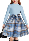 Arshiner Girls Long Sleeve Rib Knit Plaid Patchwork Belted Dress soft