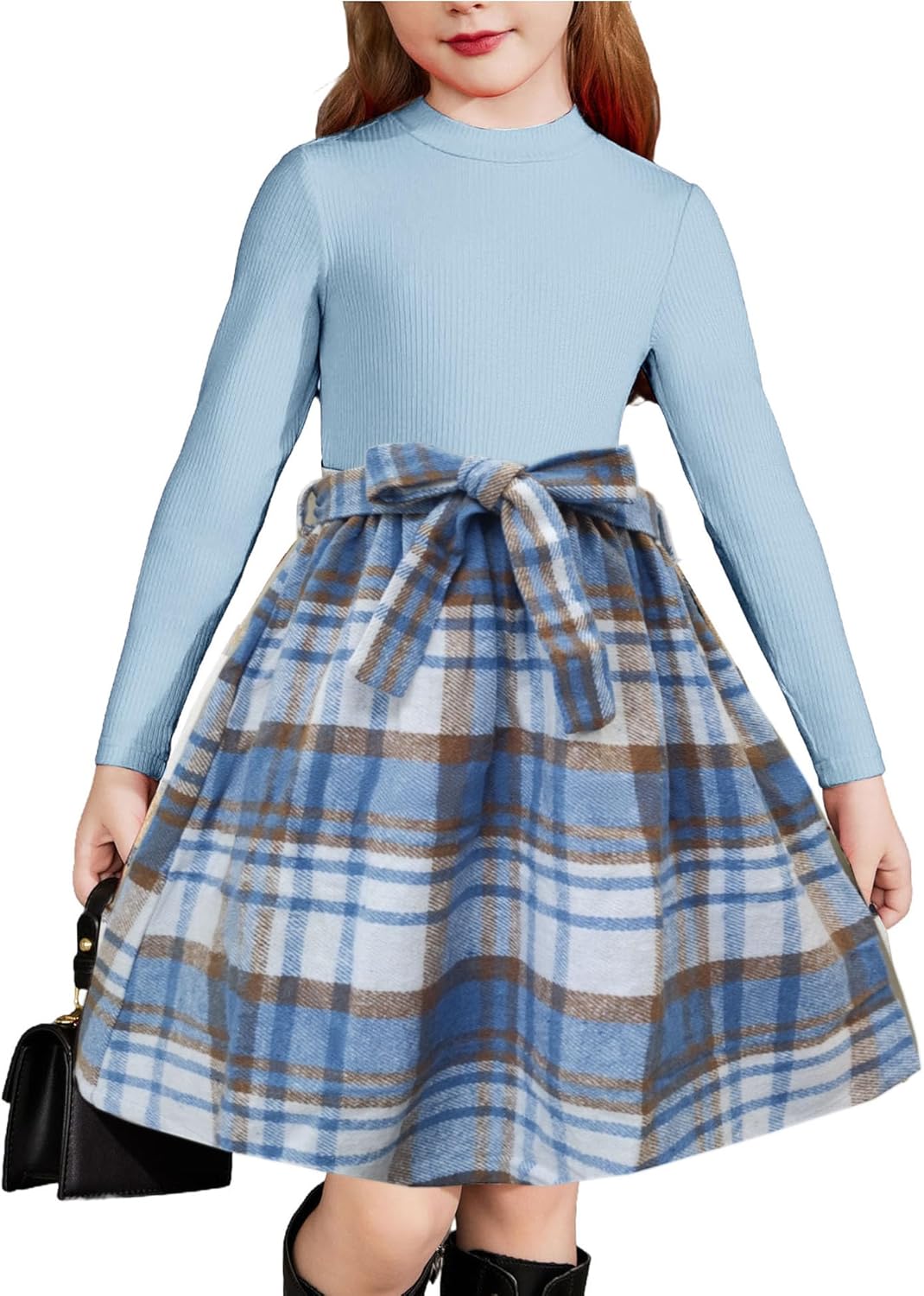 Arshiner Girls Dresses Long Sleeve Knit Plaid Patchwork Dress