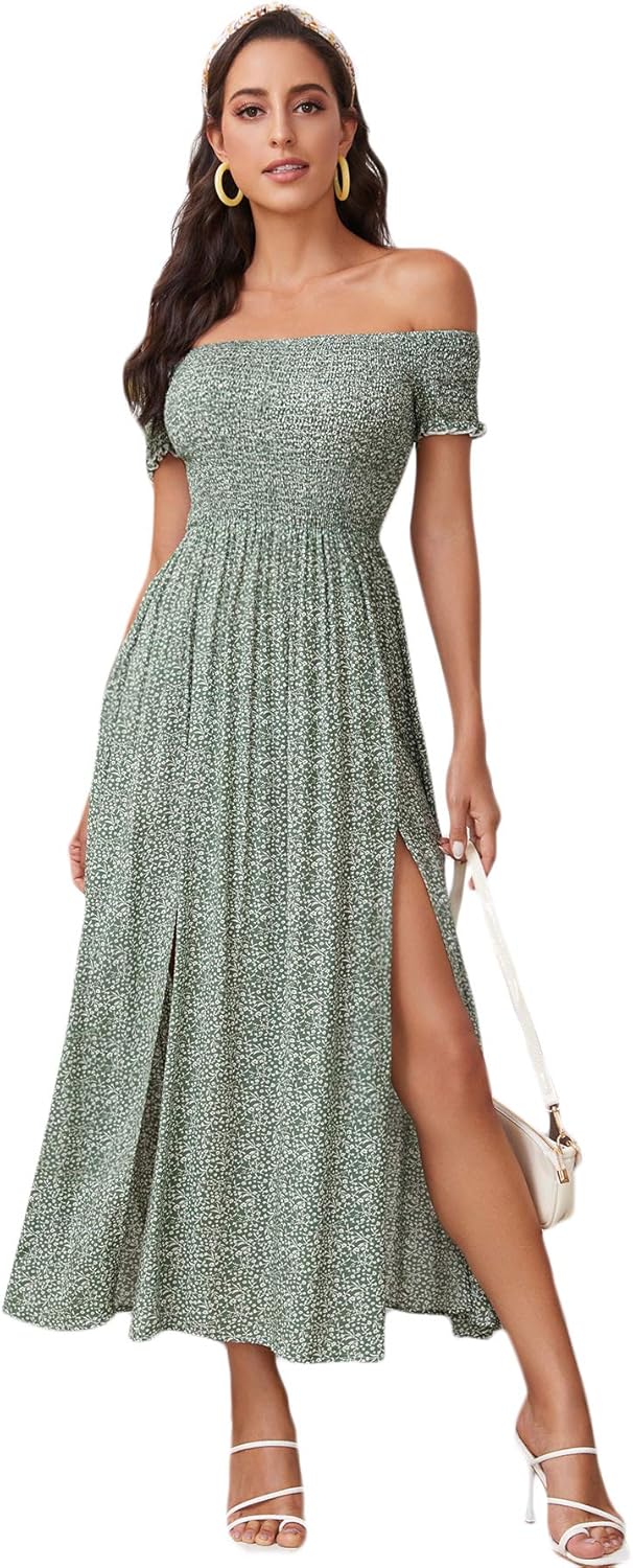Floerns Women's Boho Floral Print Off Shoulder Dress for Summer