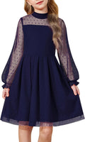 Contrast mesh puff long sleeve A-line dress for girls by Arshiner