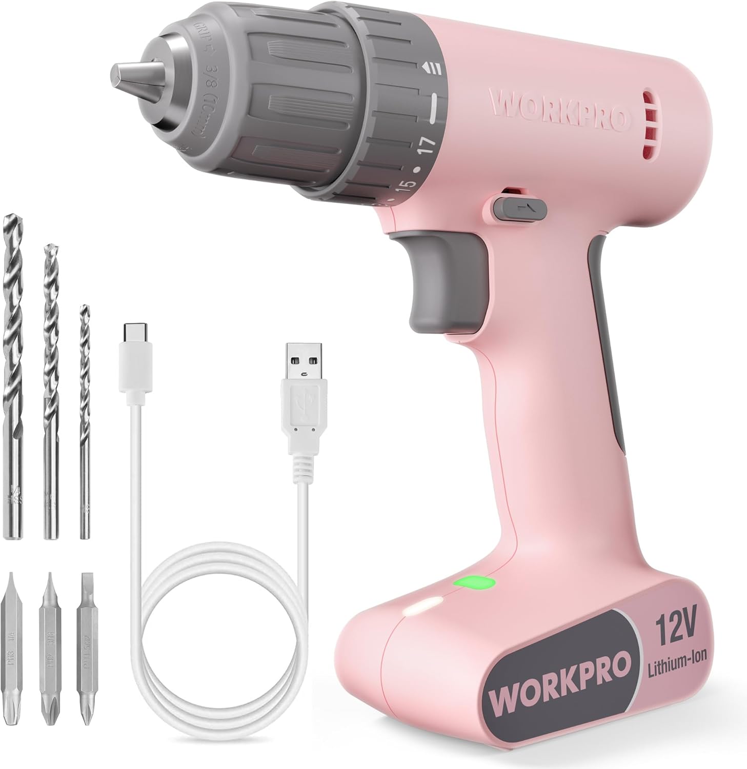 WORKPRO Pink Cordless Drill Driver Set for Household Projects