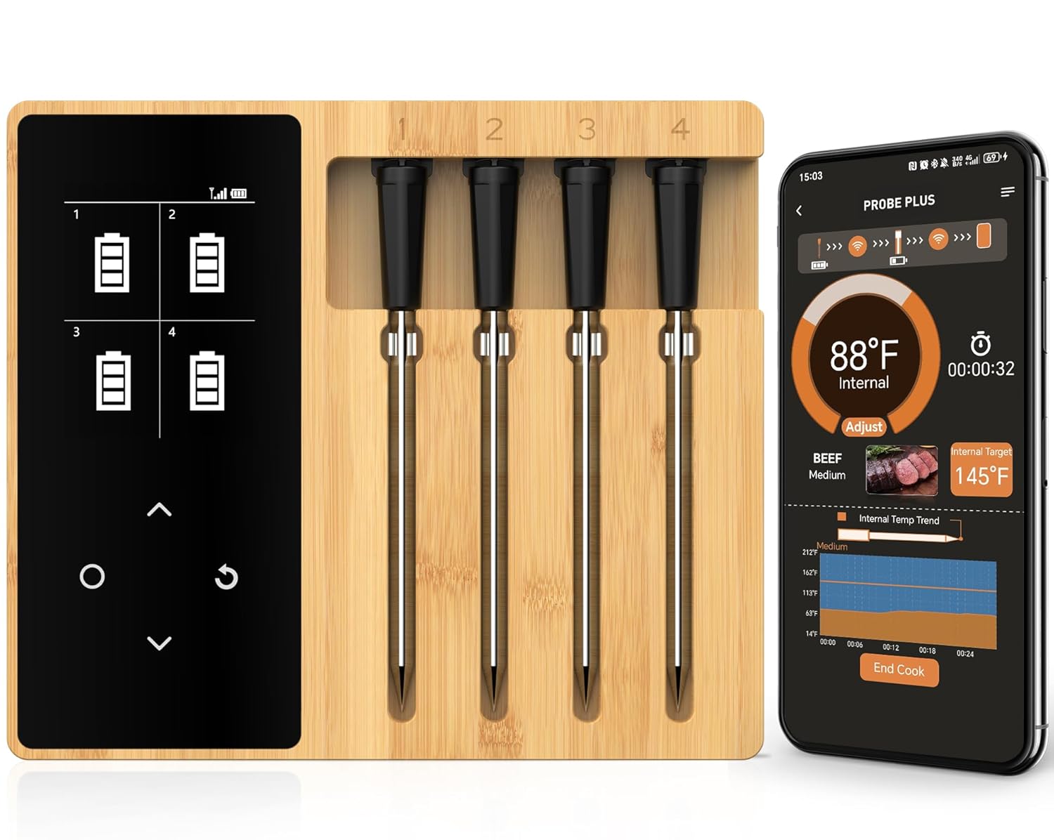 BOTDOYS Bluetooth Meat Thermometer - 4 Probes, Accurate & Alert