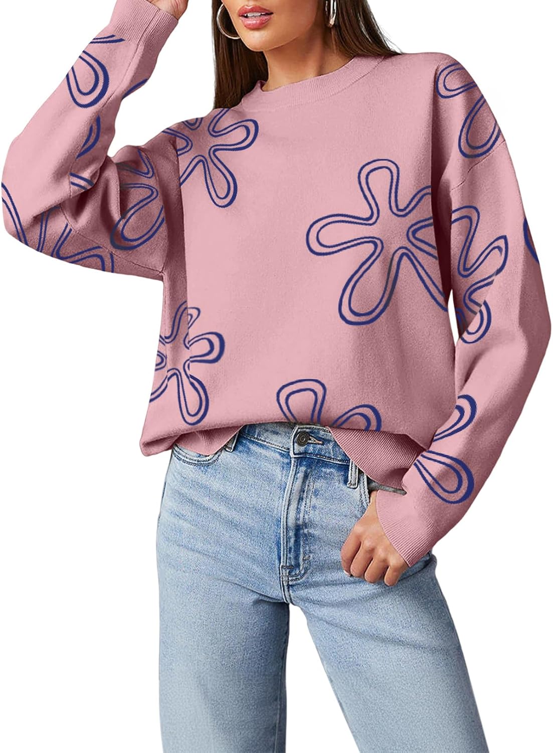 Dokotoo Floral Print Cable Knit Pullover Sweater for Women