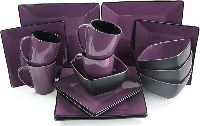 Elama Stoneware Square Dinnerware Set, 16 Piece Solid Purple