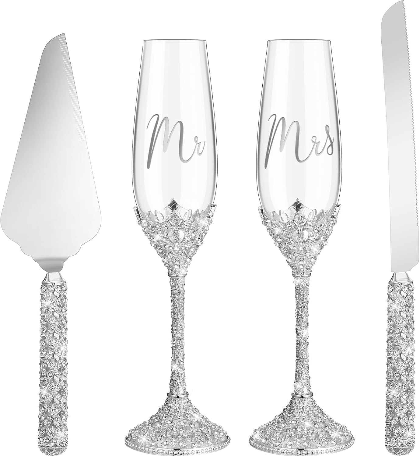Elegant Wedding Cake Knife and Champagne Flutes Set for Couples