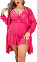 Plus Size Lace Chemise Nightgown Set - Sexy Side Slit Lingerie
