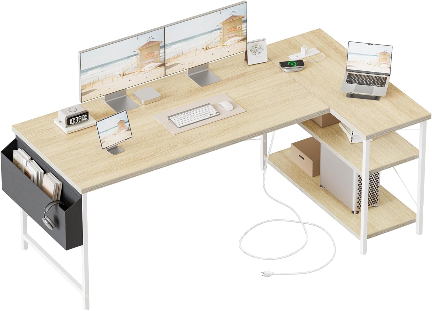 L Shaped Computer Desk with Power Outlets for Small Spaces