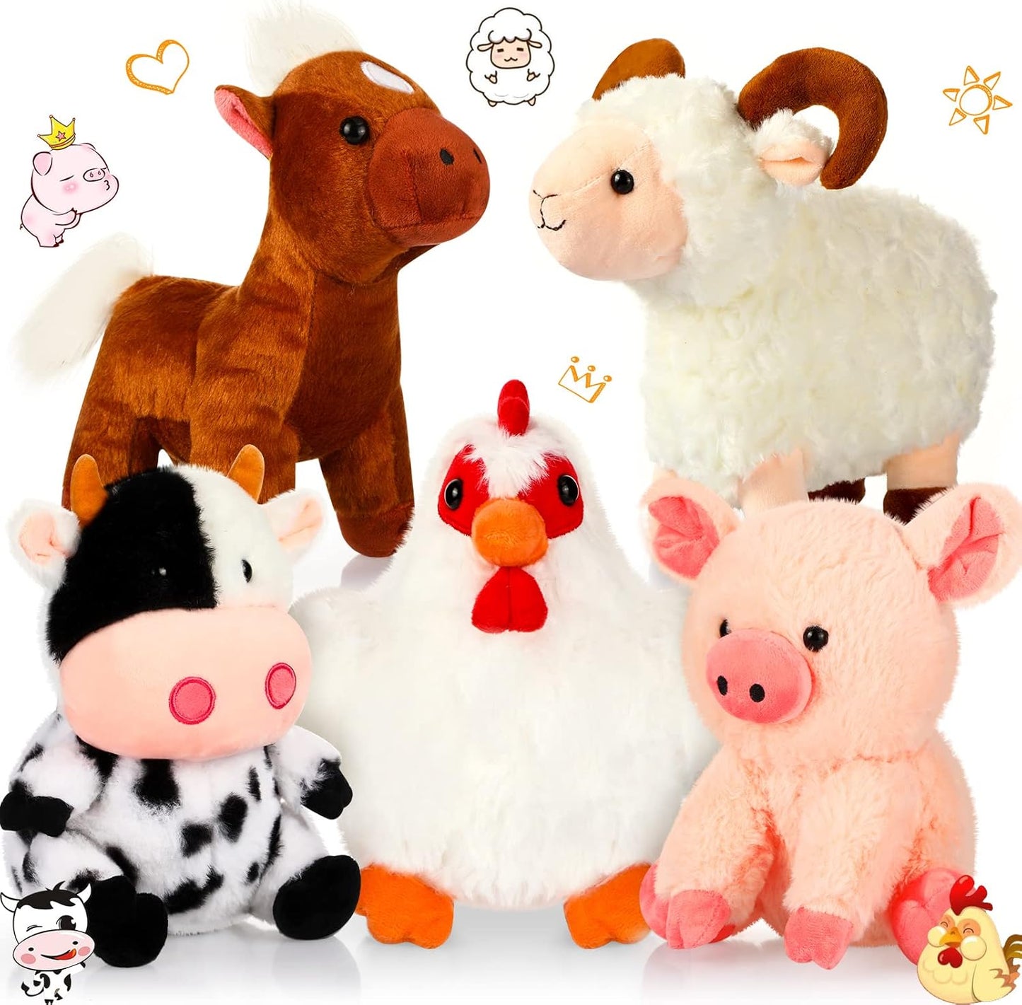 Skylety 5 Pack Farm Plush Animals Set for Kids' Fun