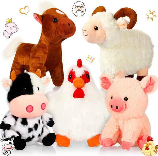 Skylety 5 Pack Farm Plush Animals Set for Kids' Fun