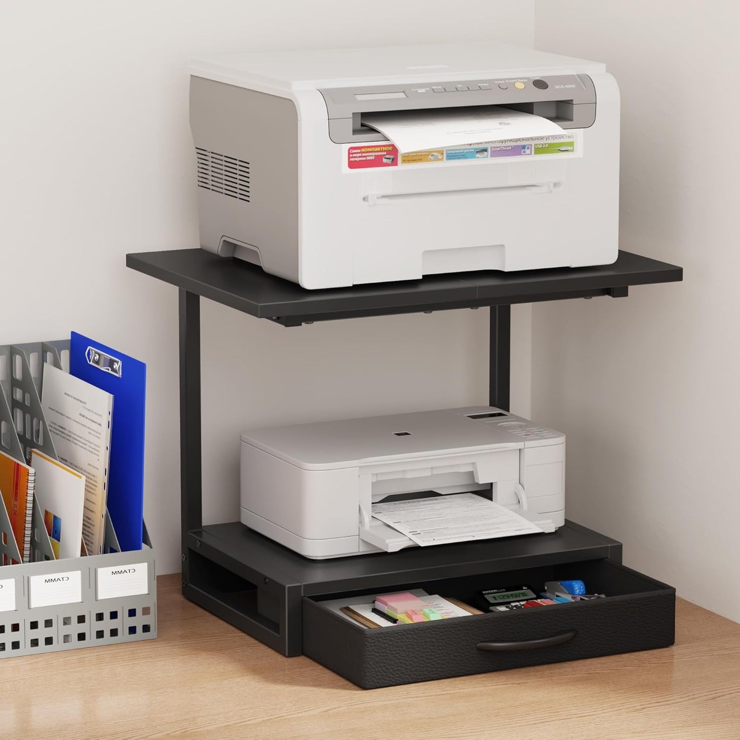2-Tier Desktop Printer Stand with Storage Drawer for Home Office