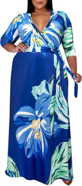 Plus Size Dresses for Women Floral Maxi V-Neck Dress - Belted Flow