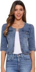 Allegra K Denim Jacket for Women - Collarless 3/4 Sleeve Crop Cardigan