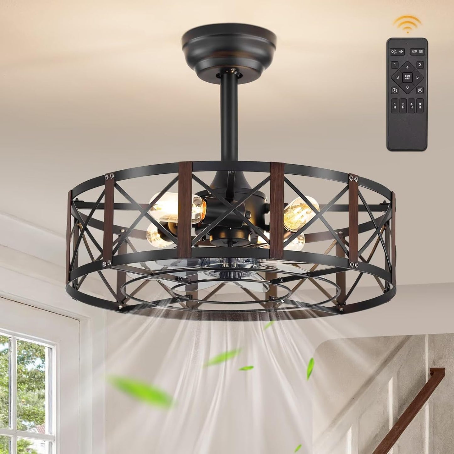20 Inch Caged Ceiling Fan with Lights and Remote Control Features