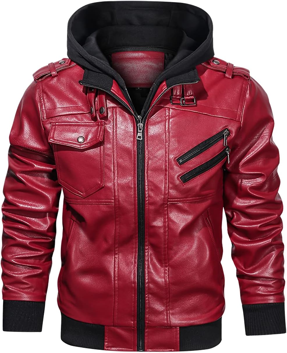 HOOD CREW Mens Casual Stand Collar PU Faux Leather Jacket