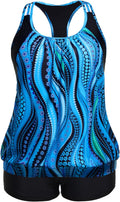 Plus Size Tankini Swimsuit for Women - Blue Wavy Pattern, Tummy